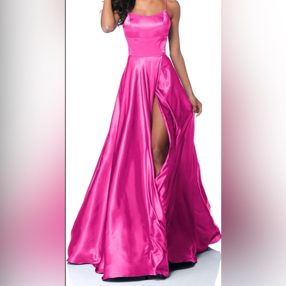 Dreamy Spaghetti Strap Ruffle Tiered Shiny Satin Maxi Prom Dress main image 1